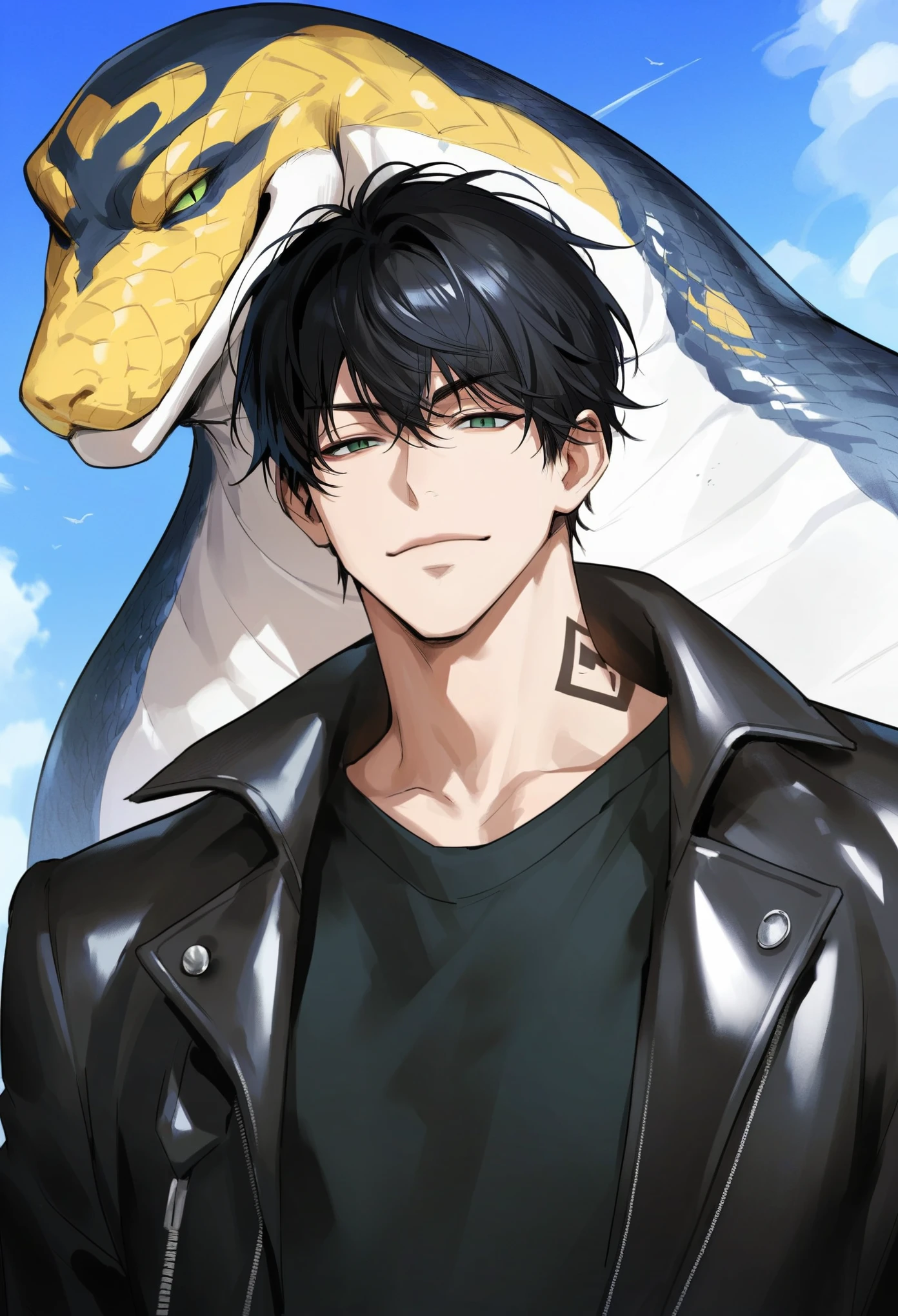 muksal,1boy, 1pokemon, green eyes, detailed eyes, detailed face, black hair,black leather jacket,smirk,expressive eyes,looking at viewer,solo,bangs,handsome,white t-shirt, (snake tattoo on neck only), blue sky score_9,score_8_up,score_7_up,source_anime,