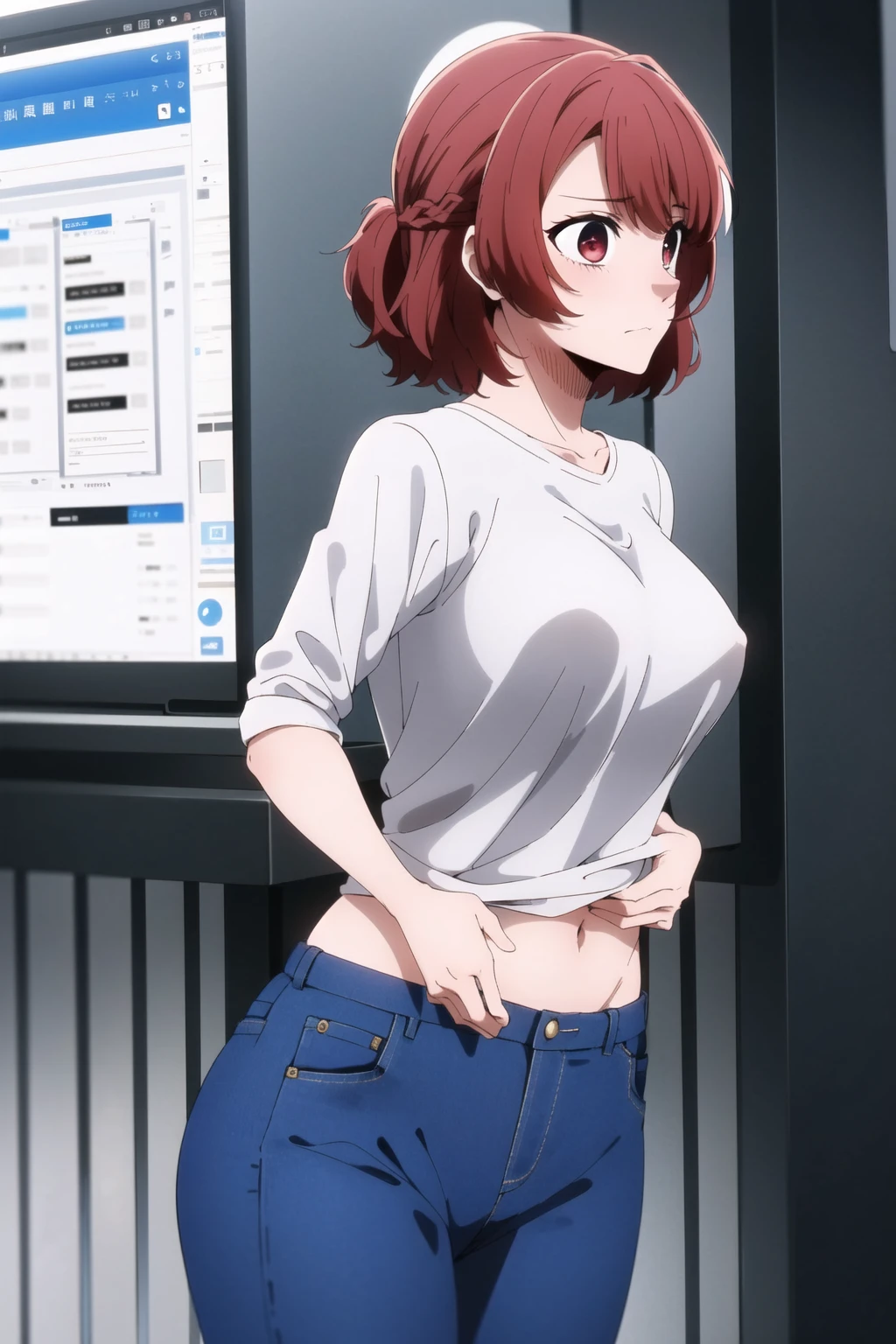 ((masterpiece)), ((Best Quality)), starter, One Girl, Medium Chest, short_hair, red_hair, red_eye, Alone_concentrated, indoor, 、Perfect body、Cowboy Shot、Score_9,Score_8_up,Score_7_up,One Girl,red hair,red eyes,short hair,Alone,Large Breasts,Upper body naked、tits、Nipples、belly button、jeans,Please put your hands behind your back,View your audience,red面、Embarrassed face、上半身up