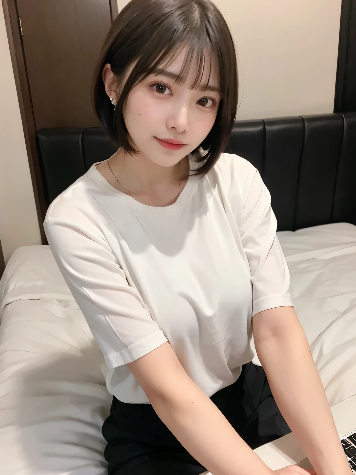 (((sprawled comfortably on the bed))), both arms above her head, with a relaxed and serene look, ((Top Quality, 8k, Masterpiece: 1.3)), ((1 girl)), business woman, (Huge Breasts:1.2), ((paired with a white shirt and black slacks)), on the edge of a hotel bed with a laptop in her lap, working, Posing like a model, gold earring, (Women in Japan:1.05), ((short bob hair)), diffused natural skin glow, physically-based rendering, extra detailed face, Detailed skin, mole:0.1, In a business hotel room, on a neatly made bed with a laptop, with a functional and modern interior