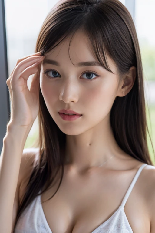 incredibly absurd, beautiful and cute 20-year-old Korean girl with a photorealistic face, showcasing top-quality craftsmanship. Her slender frame is adorned with short, messy hair. The artwork is high-resolution, allowing for ultra-detailed features to be captured flawlessly. The girl is depicted naked with white fluids all over her. The focus lies on the realistic pupils, showcasing depth and emotion.