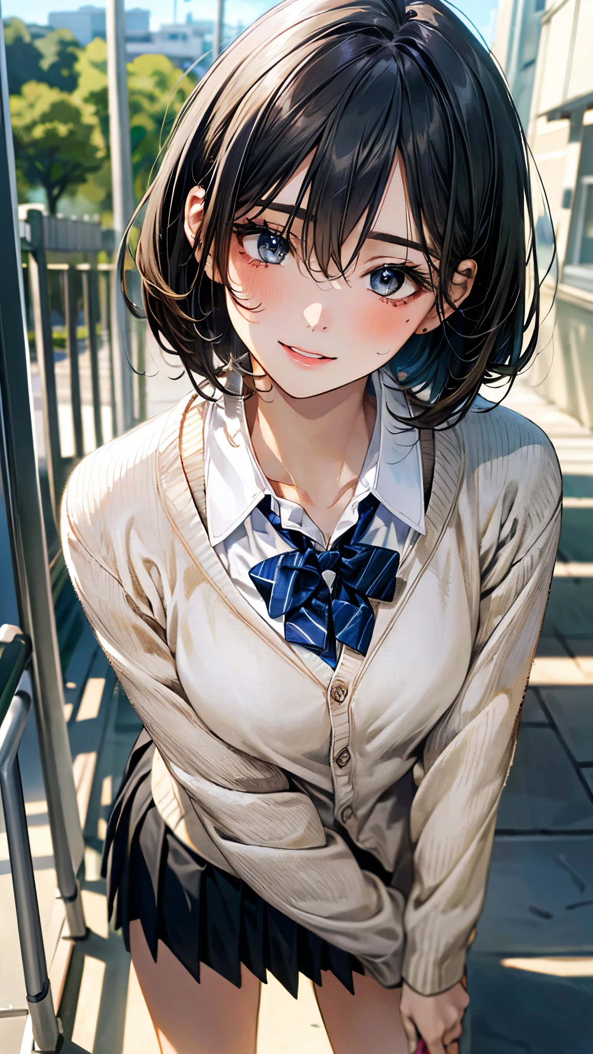 (masterpiece:1.2, top-quality), (realistic, photorealistic:1.4), beautiful illustration, (natural side lighting, movie lighting), nsfw,
looking at viewer, 1 girl, japanese, high school girl, perfect face, cute and symmetrical face, shiny skin,
(short hair:1.7, straight hair:1.2, dark brown hair), swept bangs, dark blue eyes, long eye lasher, (medium breasts), slender,
beautiful hair, beautiful face, beautiful detailed eyes, beautiful clavicle, beautiful body, beautiful chest, beautiful thigh, beautiful legs, beautiful fingers,
((white collared shirts, grey box pleated mini skirt), dark red neck ribbon), school bag,
(beautiful scenery), evening, (school class room), standing, (point at viewer, smile, open mouse),
