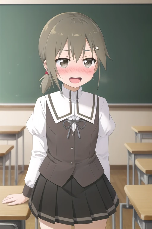 1girl, solo, brown hair, brown eyes, low ponytail, school uniform, pleated skirt, black skirt, puffy sleeves, vest, 12years old, petite,
BREAK (embarrassed, blush, happy:1.2),
BREAK from front, cowboy shot,
BREAK classroom,
BREAK (illustration:1.1),
BREAK (masterpiece, best quality, ultra detailed, professional quality:1.1), (HD), rich contrast,