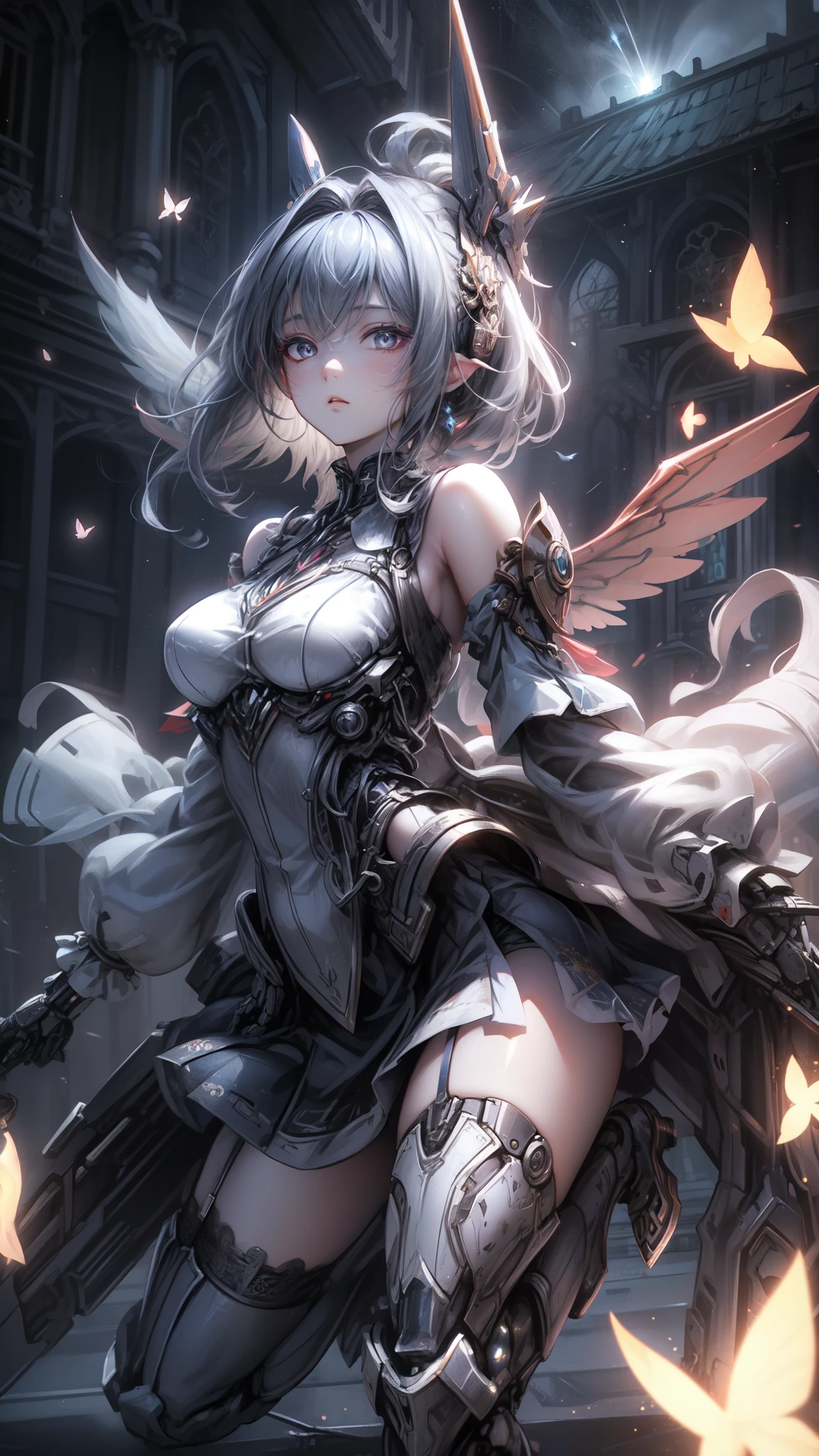 ((Highest quality)), ((Truly a masterpiece)), ((Ultra-detailed:1.4)), ((Ultra-Photorealistic 3D)), Android Magical Girl, Mechanical body, Dynamic action poses for battle scenes, Very complex and heavy fighter aircraft mechanical armament, Off-the-shoulder fashion that combines steampunk and gothic lolita with attention to detail, Intricate steampunk headgear, Very thin、Over-the-knee reggae mechanical boots、Fluttering lace flare mini skirt、 Beautiful small breasts directed upwards、Swaying in the Wind、Long, curly silver hair,、Countless large, shining spheres fly around、Lots of sparks cross and fly、Countless neon lights pouring down from the magical pose、Complex and precise mechanical Night City、Very dark background、Very dramatic and cinematic lighting、Big wings on the back8Growing in Sheets。