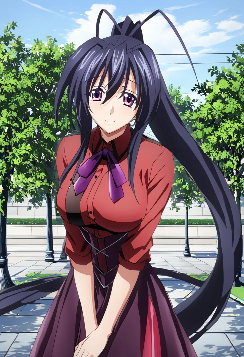 sysdeep_akeno, 1girl, solo, long_hair, looking_at_viewer, smile, large_breasts, shirt, black_hair, hair_between_eyes, very_long_hair, sexy_dress, purple_eyes, red_shirt, ponytail, outdoors, high_ponytail, v_arms,  