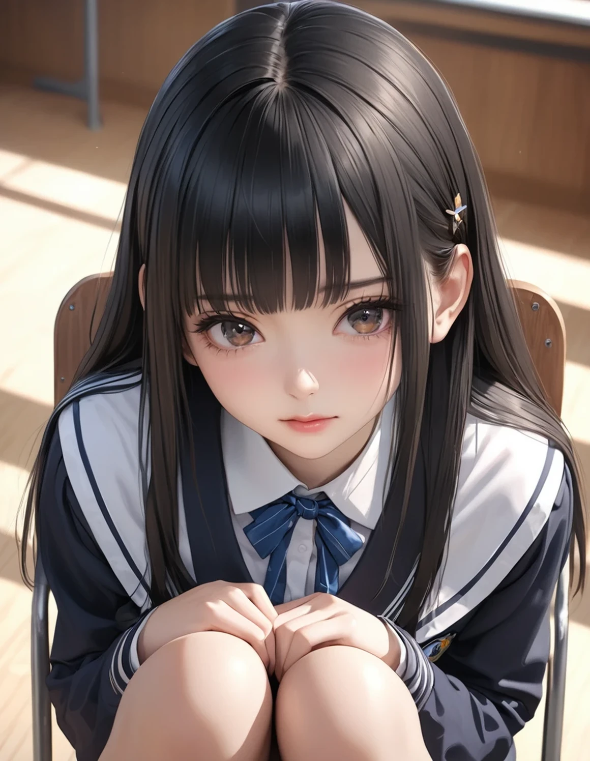 masterpiece, best quality, detailed, beautiful, 4K, schoolgirl, shy, crying, flushed face, legs spread, sitting, looking at viewer, detailed skin, detailed face, tall, cute face, photorealistic, from front, ground-level shot, sharpen,(detail face:1.3)