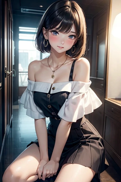 (masterpiece, best quality:1.2), 1girl, straight bob hair, (full-face blush, embarrassed), (8k, extremely detailed CG), (Bend your knees and spread your legs wide:1.3), Cinema Lighting,  (strap slip off shoulder, skirt), necklace, hoop earrings