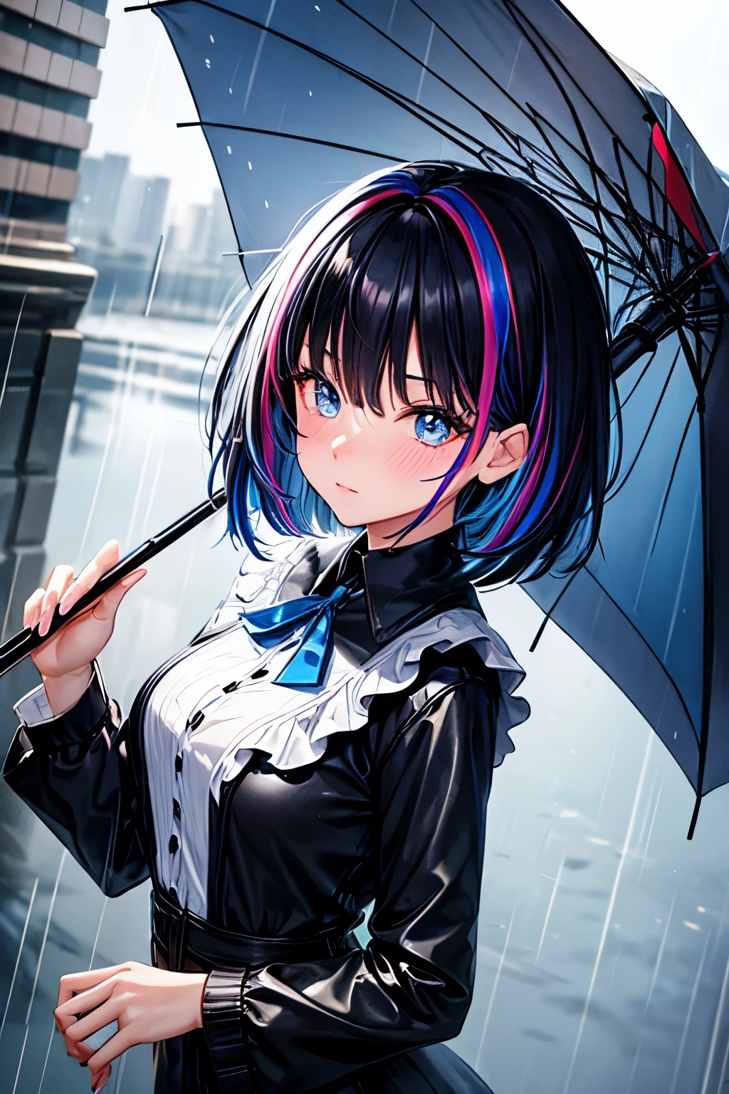 full body, (masterpiece, ultra quality:1.2, 4k, beautiful), (1girl, solo, (umbrella, rain wear), rain, rainbow, city, (Secret Illustration, (cute, fair skin, (black Hair, inner blue hair:0.4, short medium hair, hairs between eyes) , (Blue streaked hair), blue eyes, blush stickers) , BREAK,(Shine, Sophisticated)))