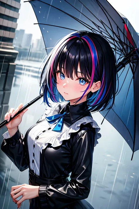 full body, (masterpiece, ultra quality:1.2, 4k, beautiful), (1girl, solo, (umbrella, rain wear), rain, rainbow, city, (secret il...