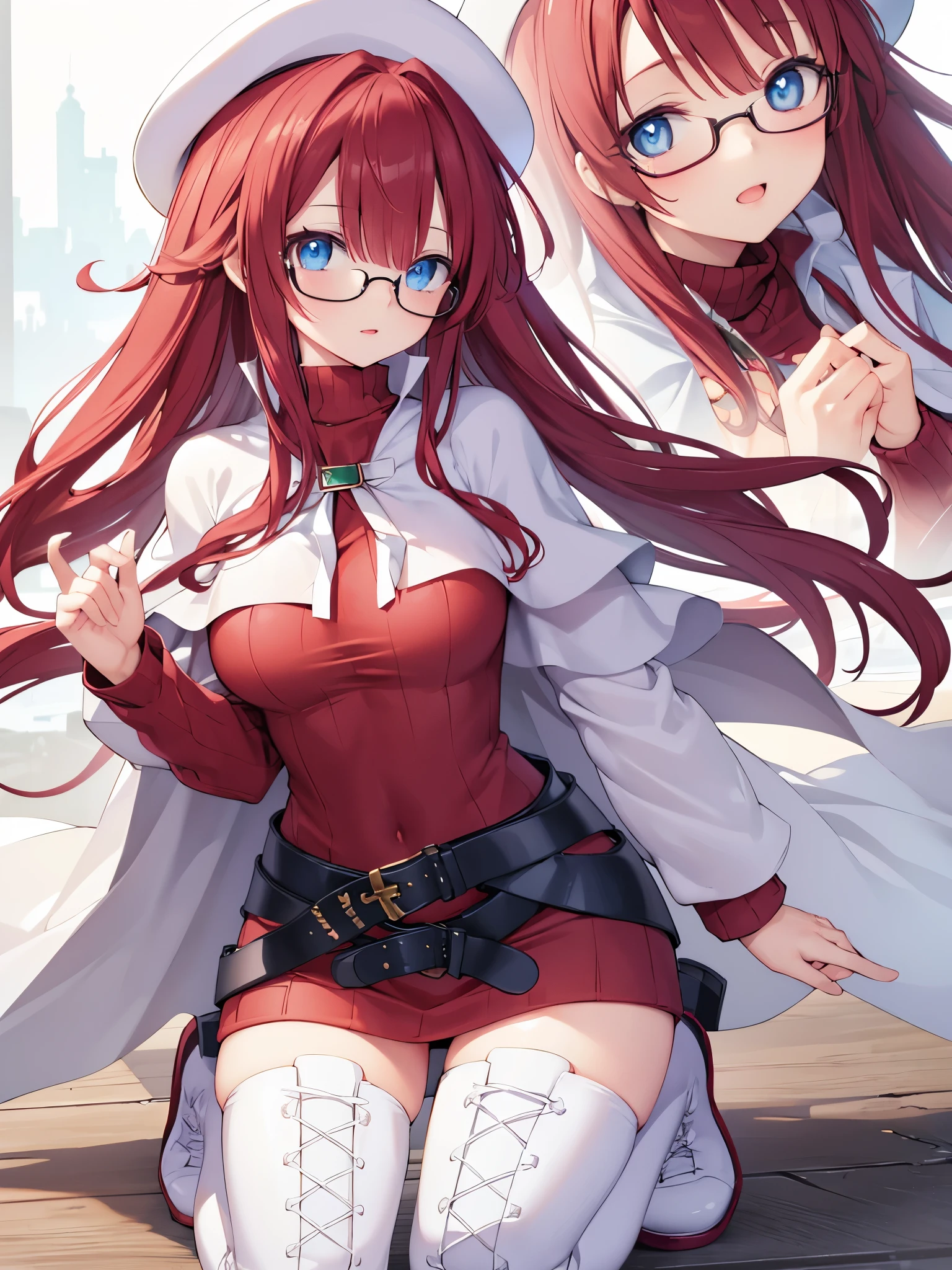 summonnightaty, aty, long hair, blue eyes, red hair, beret, hat, glasses,
BREAK long hair, thighhighs, hat, dress, boots, glasses, belt, cape, sweater, zettai ryouiki, beret, thigh boots, white footwear, ribbed sweater, loose belt,solo,
BREAK outdoors, fantasy,on_a_ship,
BREAK (masterpiece:1.2), best quality, high resolution, unity 8k wallpaper, (illustration:0.8), (beautiful detailed eyes:1.6), extremely detailed face, perfect lighting, extremely detailed CG, (perfect hands, perfect anatomy),covered_nipples,covered_navel,light_smile ,(half_eyes:1.4),sword,armpit,sleepy,dynamic_standing,barrel,red_sweater,apart_legs,magical_effect,pulmp,big_tits,