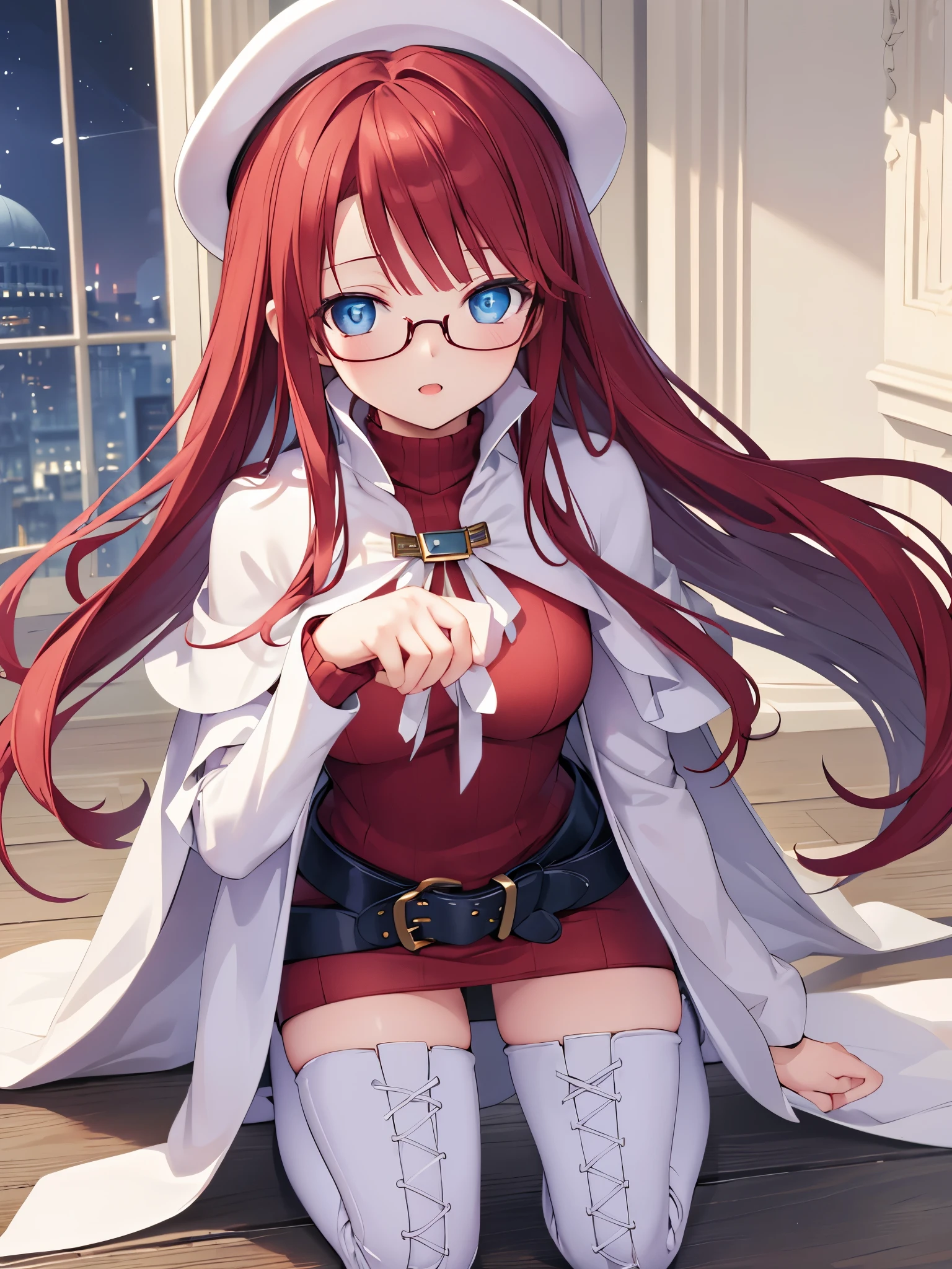 summonnightaty, aty, (young:1.3),long hair, blue eyes, red hair, large_beret, hat, glasses,
BREAK long hair, thighhighs, hat, dress, boots, glasses, belt, cape, sweater, zettai ryouiki, beret, thigh boots, white footwear, ribbed sweater, loose belt,solo,
BREAK outdoors, fantasy,on_cobblestone
,,Highquality_hads,perfect_fingers,
BREAK (masterpiece:1.2), best quality, high resolution, unity 8k wallpaper, (illustration:0.8), (beautiful detailed eyes:1.6), extremely detailed face, perfect lighting, extremely detailed CG, (perfect hands, perfect anatomy),covered_nipples,covered_navel ,half_eyes:,long_sword,armpit,sleepy,dynamic_fighting_pose,barrel,red_sweater,apart_legs,magical_effect,spread_legs, have_a_book,teacher,rise_knee,angry,open_mouth,rise_hand,shout,