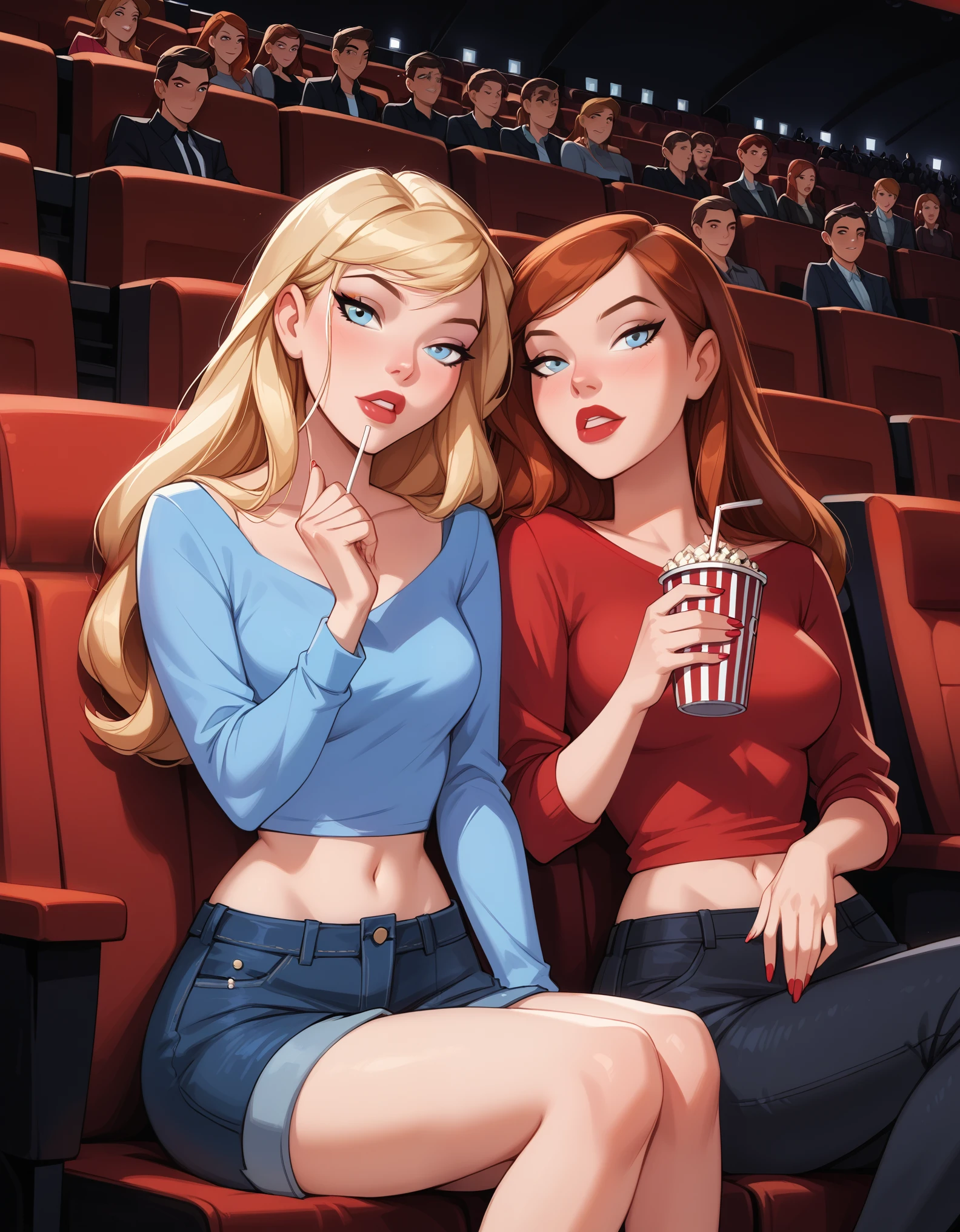 score_9, score_8_up, score_7_up, dcaustyle, source_cartoon, 2girls, duo, (Kara Zor-El, blonde:1.3) and (Barbara Gordon, reddish brown hair:1.2), wearing sexy casual clothes, midriff, flirt, gaze, sexy look, half-closed eyes, head tilt, filled lips, thick lips, makeup, in a (movie theater, cinema, large crowd, no empty seats:1.4), sitting next to one another enjoying the movie, drinks, romantic date, in love, expressiveh d4rk01l, perfect hands, perfect proportions.