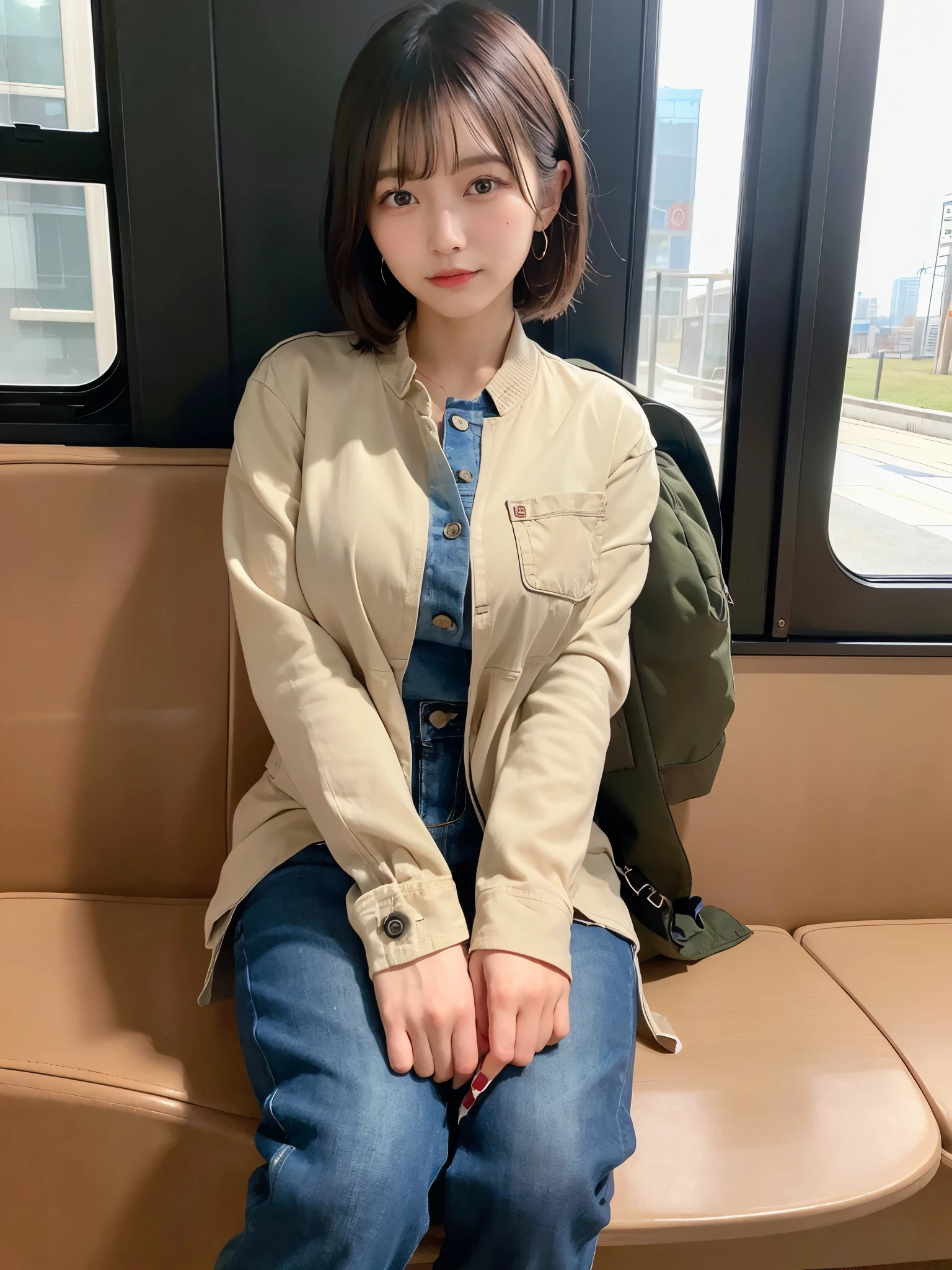 ((Top Quality, 8k, Masterpiece: 1.3)), ((1 girl)), business woman, (Huge Breasts:1.2), ((Khaki field jacket)), ((paired with denim jeans)), sitting inside a location bus, holding a clipboard and walkie-talkie, Posing like a model, gold earring, (Women in Japan:1.05), ((short bob hair)), diffused natural skin glow, physically-based rendering, extra detailed face, Detailed skin, mole:0.1, Inside a location bus, with film equipment and scripts scattered around, and a view of the outdoor set visible through the window