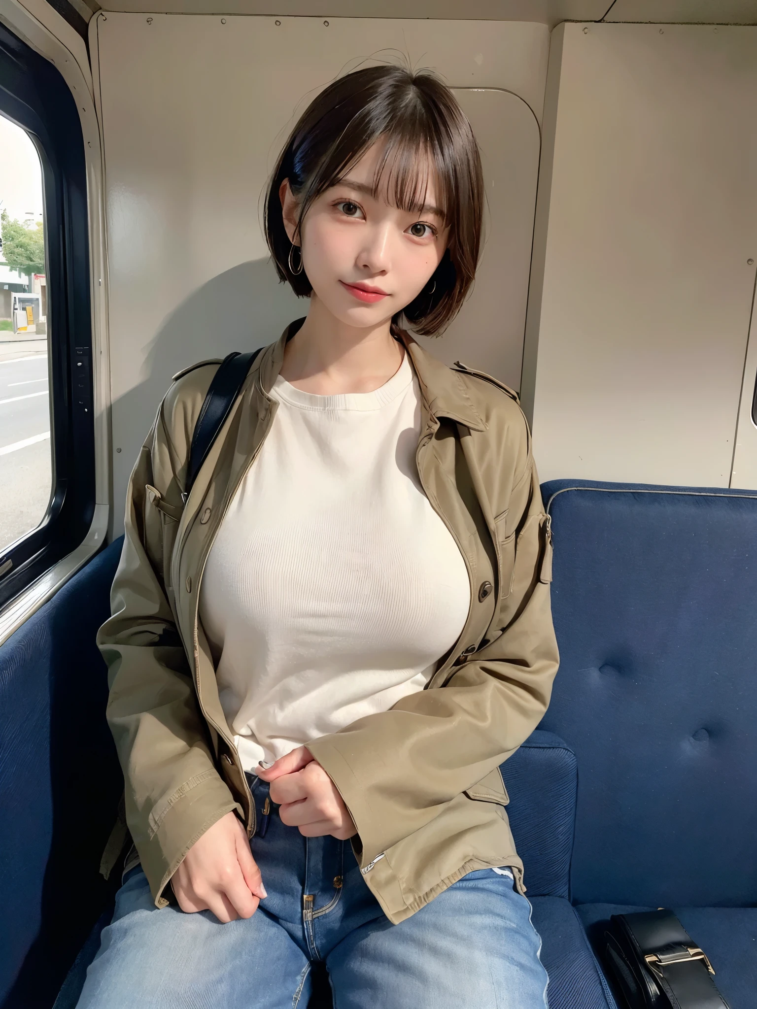 ((Top Quality, 8k, Masterpiece: 1.3)), ((1 girl)), business woman, (Huge Breasts:1.2), ((Khaki field jacket)), ((paired with denim jeans)), sitting inside a location bus, holding a clipboard and walkie-talkie, Posing like a model, gold earring, (Women in Japan:1.05), ((short bob hair)), diffused natural skin glow, physically-based rendering, extra detailed face, Detailed skin, mole:0.1, Inside a location bus, with film equipment and scripts scattered around, and a view of the outdoor set visible through the window