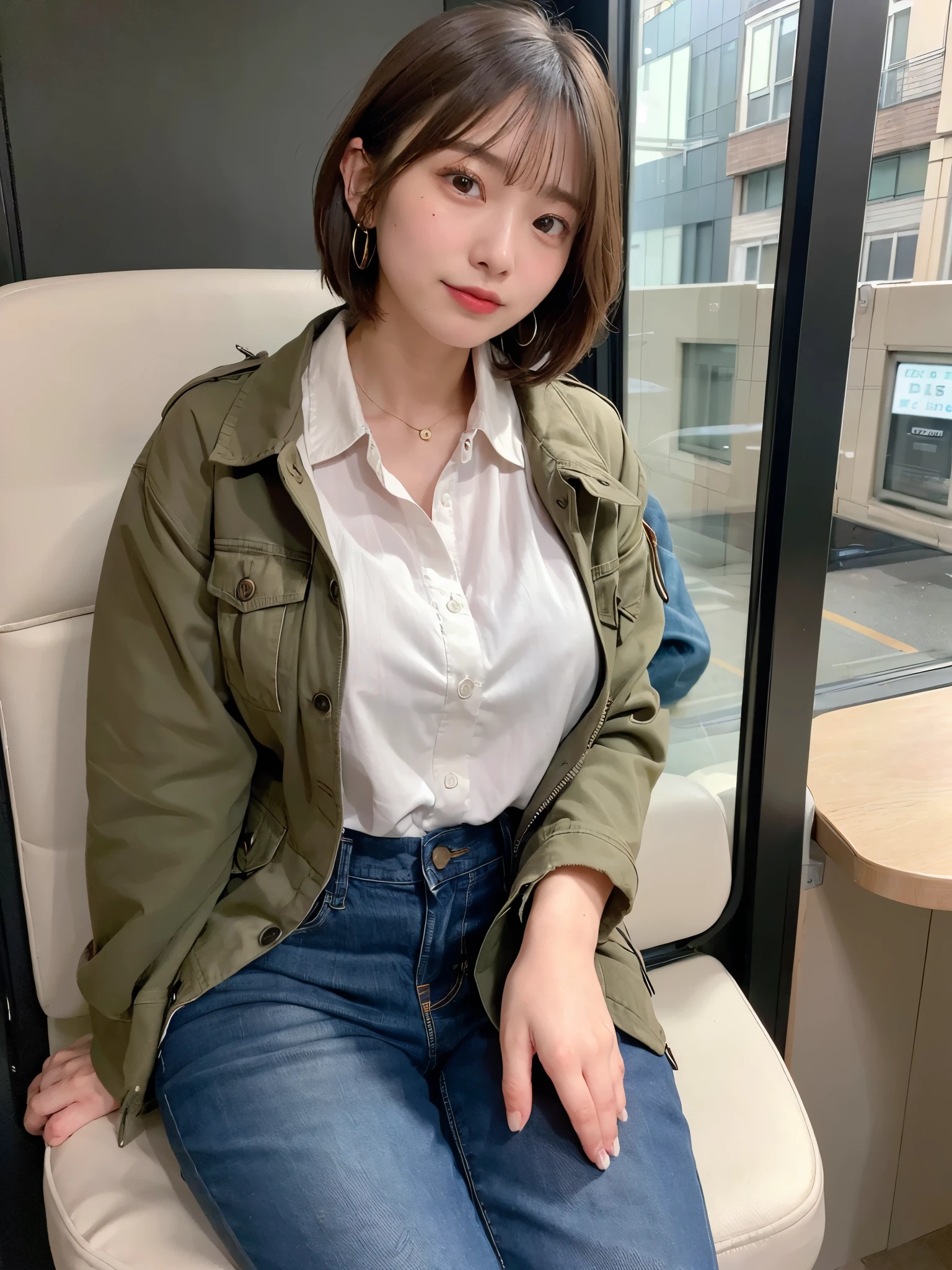 ((Top Quality, 8k, Masterpiece: 1.3)), ((1 girl)), business woman, (Huge Breasts:1.2), ((Khaki field jacket)), ((paired with denim jeans)), sitting inside a location bus, holding a clipboard and walkie-talkie, Posing like a model, gold earring, (Women in Japan:1.05), ((short bob hair)), diffused natural skin glow, physically-based rendering, extra detailed face, Detailed skin, mole:0.1, Inside a location bus, with film equipment and scripts scattered around, and a view of the outdoor set visible through the window