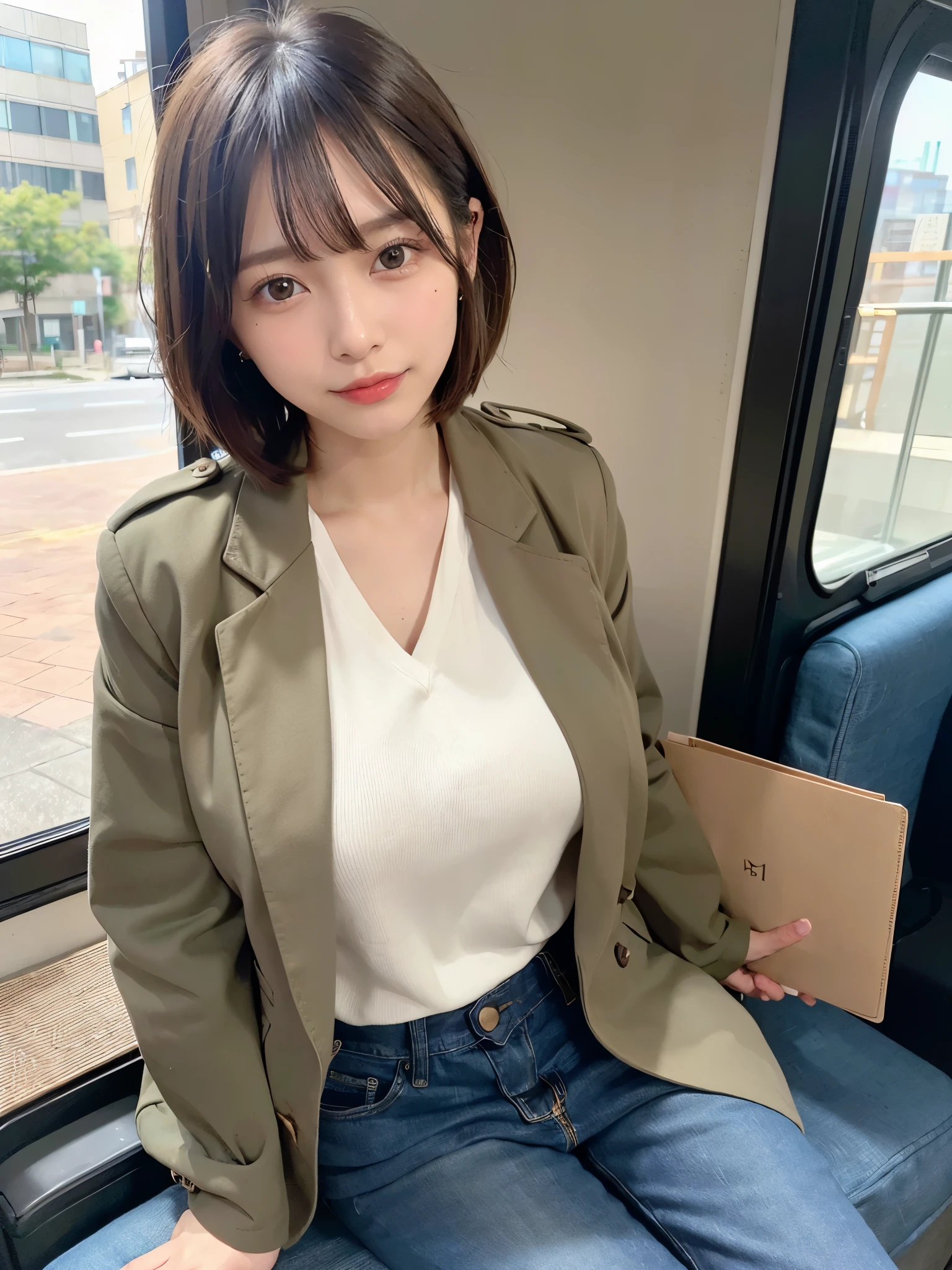 ((Top Quality, 8k, Masterpiece: 1.3)), ((1 girl)), business woman, (Huge Breasts:1.2), ((Khaki field jacket)), ((paired with denim jeans)), sitting inside a location bus, holding a clipboard and walkie-talkie, Posing like a model, gold earring, (Women in Japan:1.05), ((short bob hair)), diffused natural skin glow, physically-based rendering, extra detailed face, Detailed skin, mole:0.1, Inside a location bus, with film equipment and scripts scattered around, and a view of the outdoor set visible through the window