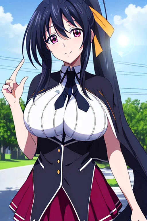 (day), in the school,blue sky with clouds, 
(Standing at attention),
Black_cape,Black neckwear,white shirt,short_sleeves, sailor_collar,Red pleated skirt,school uniform,
black hair, pink eyes, Very Long Hair,hair_between_eyes,ponytail,Yellow_hair_ribbon,
1 girl, 20yo,Young female,Beautiful Finger,Beautiful long legs,Beautiful body,Beautiful Nose,Beautiful character design, perfect eyes, perfect face,expressive eyes,
looking at viewer,(Upper_body),(Focus on her face),
official art,extremely detailed CG unity 8k wallpaper, perfect lighting,Colorful, Bright_Front_face_Lighting,shiny skin, 
(masterpiece:1.0),(best_quality:1.0), ultra high res,4K,ultra-detailed,
photography, 8K, HDR, highres, absurdres:1.2, Kodak portra 400, film grain, blurry background, bokeh:1.2, lens flare, (vibrant_color:1.2)
(Beautiful,large_Breasts:1.4), (beautiful_face:1.5),(narrow_waist),