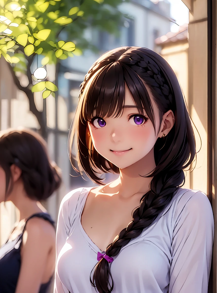 High resolution,In 8K,Best Quality,detailed,Semi-realistic anime,Anime 3D Style,Smooth anime CG,One Girl,One Japanese woman,slim,Modeled,Shiny brown hair,((Beautiful braiding)),(Medieval Beauty),(((Camille Corot))),detailedな顔,Beautiful and detailed,Glowing Skin,((Female college student)),straggling hair,Angelic hairstyle,(Small breasts),((Deep violet sparkling eyes)),(((Shut your mouth.))),((Smile))