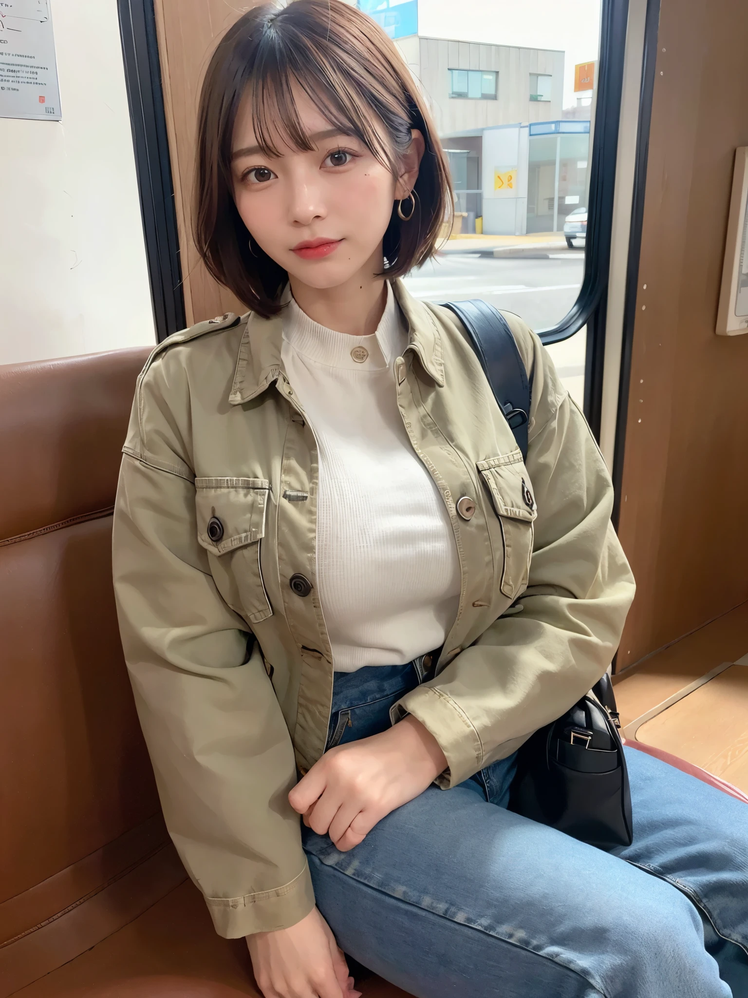 ((Top Quality, 8k, Masterpiece: 1.3)), ((1 girl)), business woman, (Huge Breasts:1.2), ((Khaki field jacket)), ((paired with denim jeans)), sitting inside a location bus, holding a clipboard and walkie-talkie, Posing like a model, gold earring, (Women in Japan:1.05), ((short bob hair)), diffused natural skin glow, physically-based rendering, extra detailed face, Detailed skin, mole:0.1, Inside a location bus, with film equipment and scripts scattered around, and a view of the outdoor set visible through the window