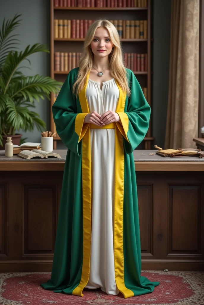 pretty mage woman the director of magic school, dressed in an office magic green and yelloy and white robe, stands against the background of a magical office, a table, a magical plant and many ancient magic books, a love atmosphere, a bizarre combination of colors