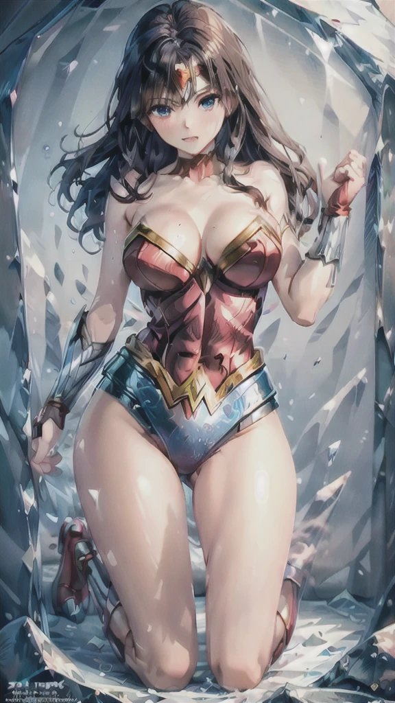 (masterpiece, best quality), 1girl, putting_down_in_ice ,She stands rigid, trapped in a piece of ice,

Wonderwoman complete cosplay、Kneeling