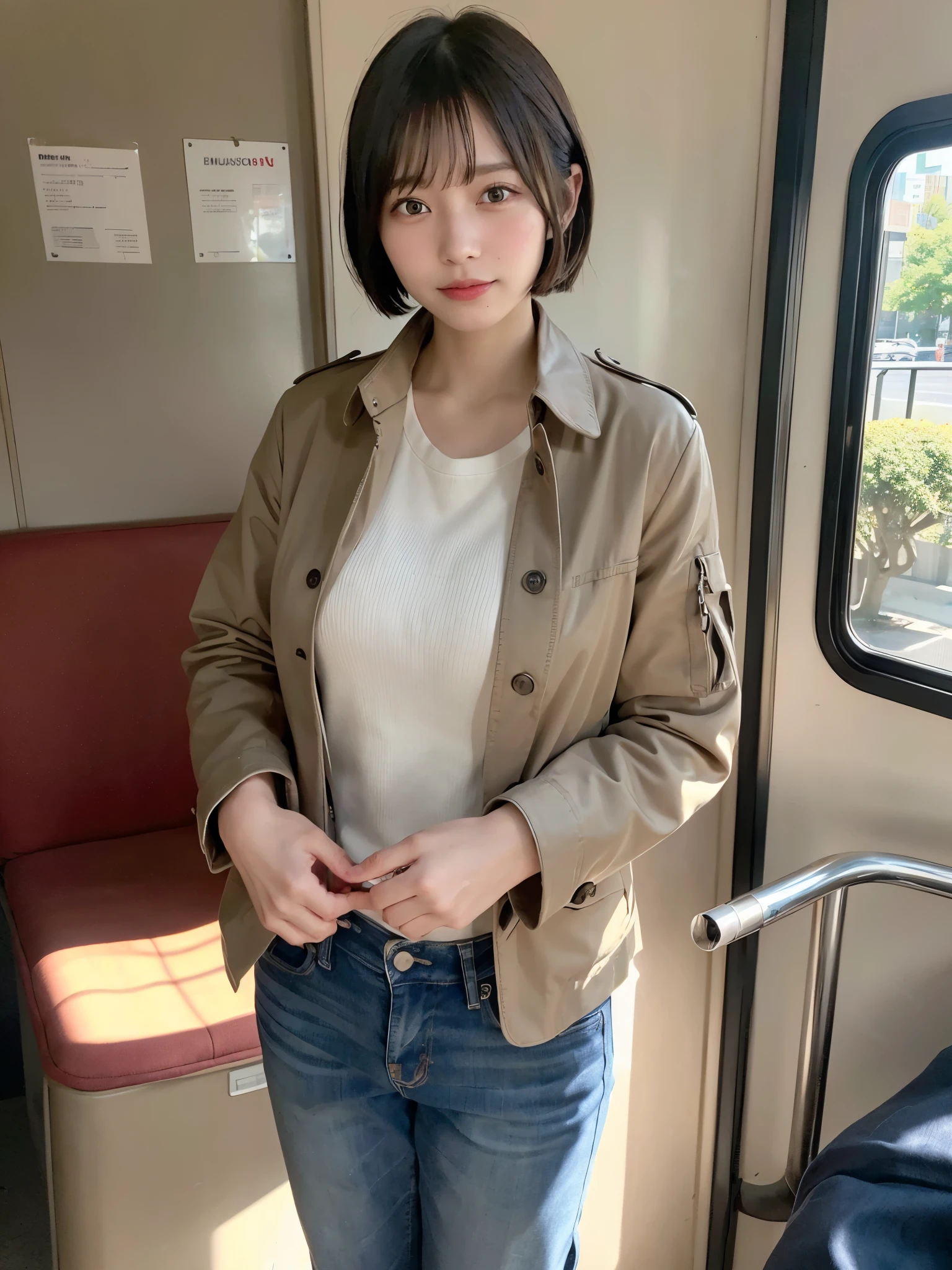 (((standing inside the bus))), one hand on a piece of equipment, looking towards the camera with a confident smile, ((Top Quality, 8k, Masterpiece: 1.3)), ((1 girl)), business woman, (Huge Breasts:1.2), ((Khaki field jacket)), ((paired with denim jeans)), sitting inside a location bus, holding a clipboard and walkie-talkie, Posing like a model, gold earring, (Women in Japan:1.05), ((short bob hair)), diffused natural skin glow, physically-based rendering, extra detailed face, Detailed skin, mole:0.1, Inside a location bus, with film equipment and scripts scattered around, and a view of the outdoor set visible through the window