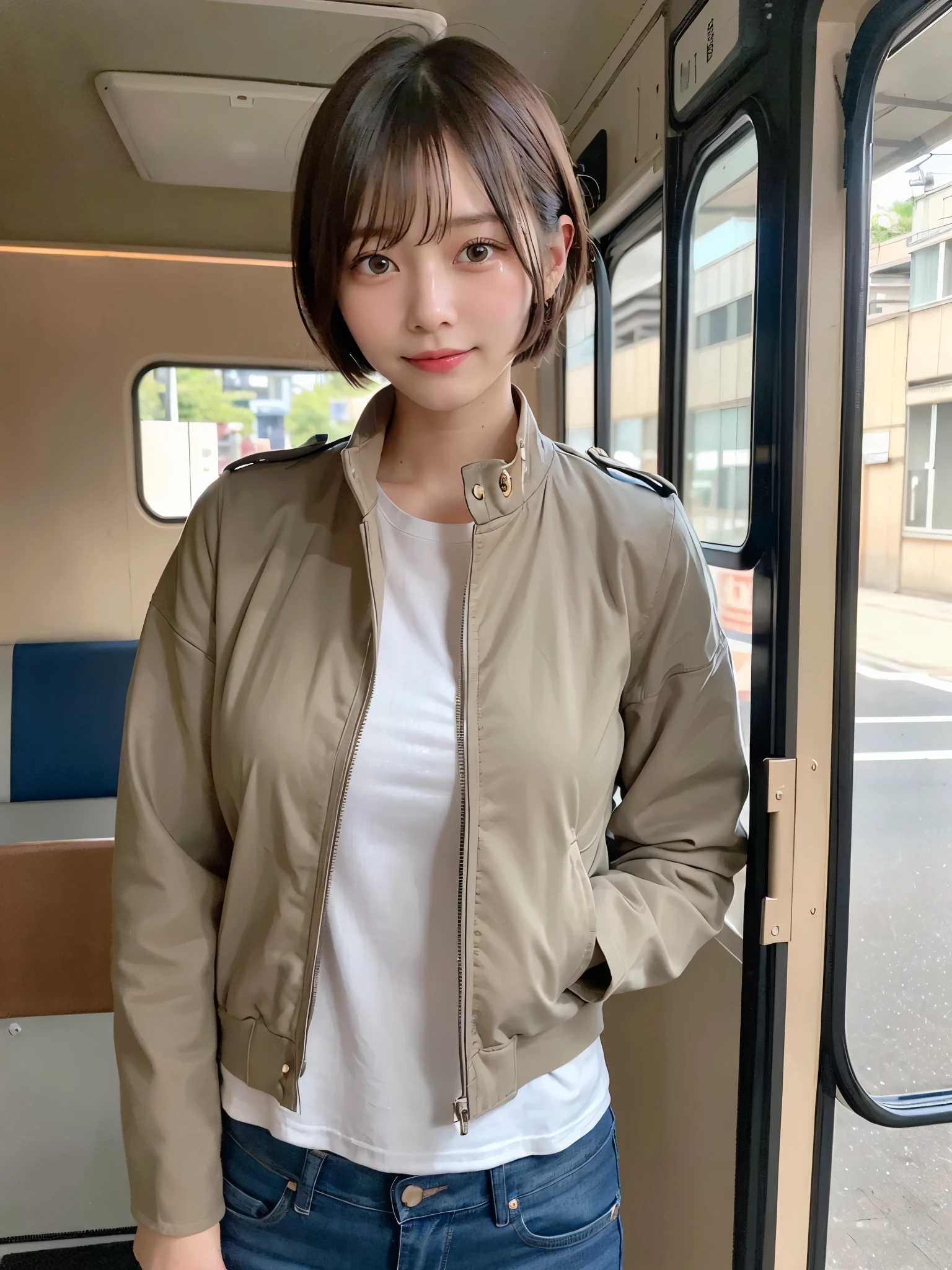 (((standing inside the bus))), one hand on a piece of equipment, looking towards the camera with a confident smile, ((Top Quality, 8k, Masterpiece: 1.3)), ((1 girl)), business woman, (Huge Breasts:1.2), ((Khaki field jacket)), ((paired with denim jeans)), sitting inside a location bus, holding a clipboard and walkie-talkie, Posing like a model, gold earring, (Women in Japan:1.05), ((short bob hair)), diffused natural skin glow, physically-based rendering, extra detailed face, Detailed skin, mole:0.1, Inside a location bus, with film equipment and scripts scattered around, and a view of the outdoor set visible through the window