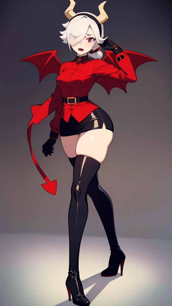 Red skin succubus tiefling, digitigrade legs, full breasts, large breasts, black horns, wings, huge tail, black leather, crop top, long flowing pelvic curtain, tall, toned, graceful, thin, long black ponytail. Action scene, whip. Dark scene, explosions, night sky.