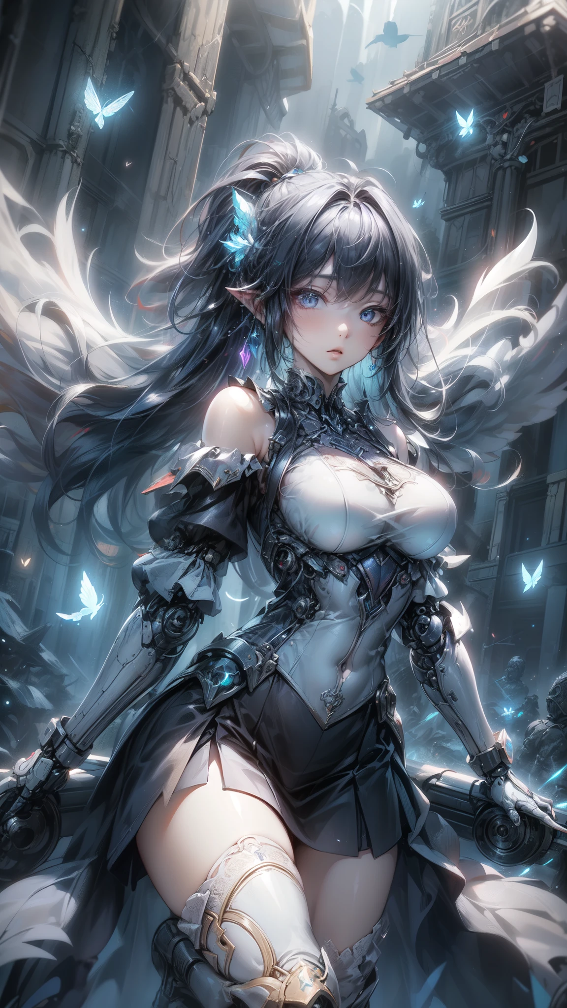((Highest quality)), ((Truly a masterpiece)), ((Ultra-detailed:1.4)), ((Ultra-Photorealistic 3D)), Android Magical Girl, Mechanical body, Dynamic action poses for battle scenes, Very complex and heavy fighter aircraft mechanical armament, Off-the-shoulder fashion that combines steampunk and gothic ta with attention to detail, Intricate steampunk headgear, Very thin、Over-the-knee reggae mechanical boots、Fluttering lace flare mini skirt、 Beautiful small breasts directed upwards、Swaying in the Wind、Long, curly silver hair,、Countless large, shining spheres fly around、Lots of sparks cross and fly、Countless neon lights pouring down from the magical pose、Complex and precise mechanical Night City、Very dark background、Very dramatic and cinematic lighting、Big wings on the back8Growing in Sheets。