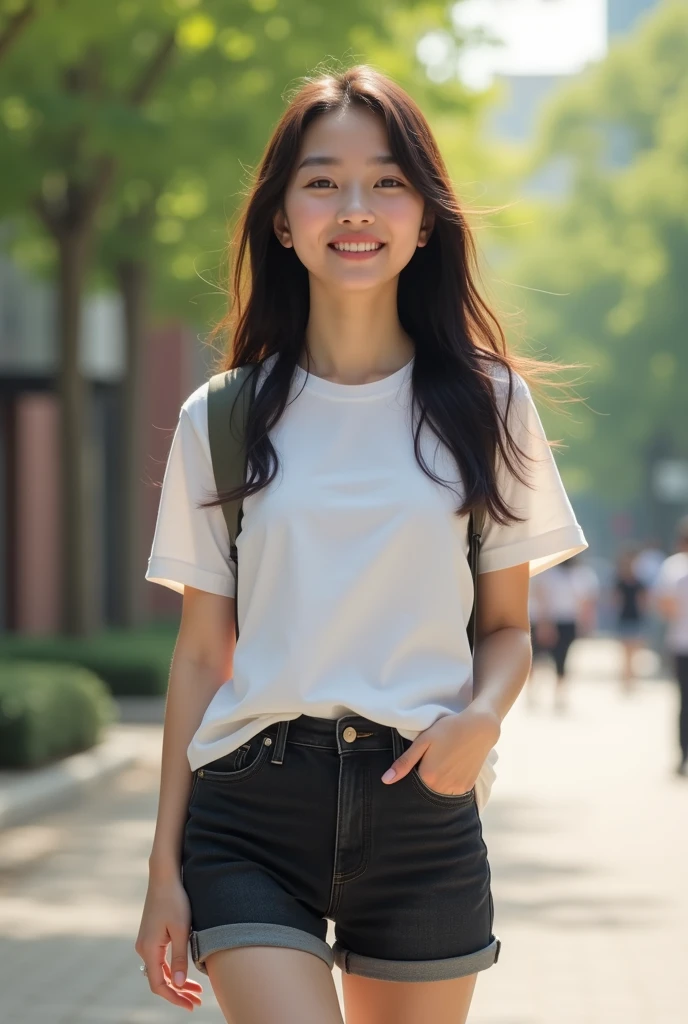 20yr old、a miniskirt、White T-shirt、legs are long、the woods、with light glowing。a smile。