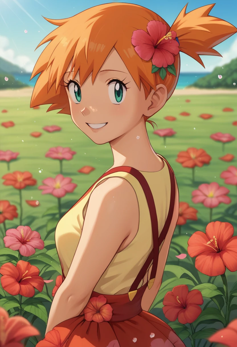 misty \(pokemon\), 1girl, solo, aqua eyes, orange hair, long hair, side ponytail, bangs, hair tie, hair flower, hibiscus, flower dress, frills, sleeveless, flower field, outside, blooming flowers, pollen particles, sunshine, smile, blurry background, looking at viewer, standing