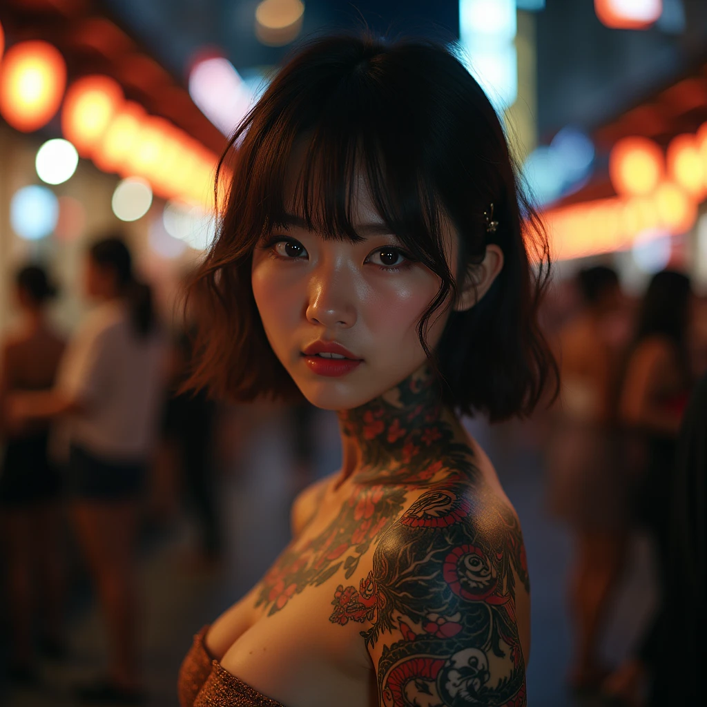 -yeld giWahori skin, Yakuza, japanese mafia, Background of Tokyo Red Light District, realistic, Photoreal, masterpiece, highest quality, Movie photo of a Japan cartel gang with tattoos, spectacular lighting, japanese Yakuza tattoo, Japanese art, Japanese culture, sexy, exotic, erotic