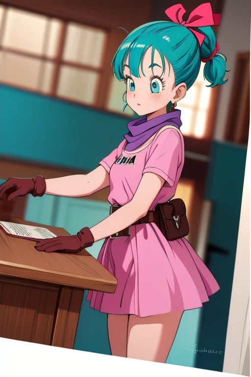 (masterpiece, best quality), 1girl, bulma, 1girl, solo, blue eyes, blue hair, aqua hair, single braid, braided ponytail, hair ribbon, red ribbon, hair bow, earrings,, short dress, pink dress, vertical-striped dress, short sleeves, belt, clothes writing, brown gloves, single glove, purple scarf,