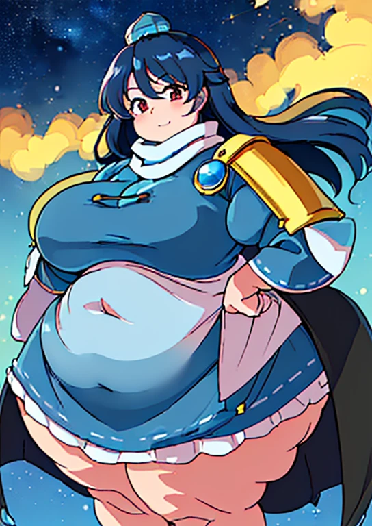 ((best quality, 4k, 8k, anime girl, masterpiece)), ((((beautiful extremely detailed face)))), ((beautiful eyes)), ((hard skin)), cinematic lighting, ((perfect anatomy)), (((chubby, SSBBW, tall, big belly, round belly, (((extremely wide waist, extremely wide breasts))), skinny arms, thick legs, huge breasts))), (full body view), ((thick outlines, anime style, neon colours)), (((megumu izunamaru))), (((fully clothed, white scarf, blue dress, golden armor, black cape))), (((long dark blue hair, bangs, tokin hat))), sharp smile, (city lights, starry sky), (((dignified pose))),