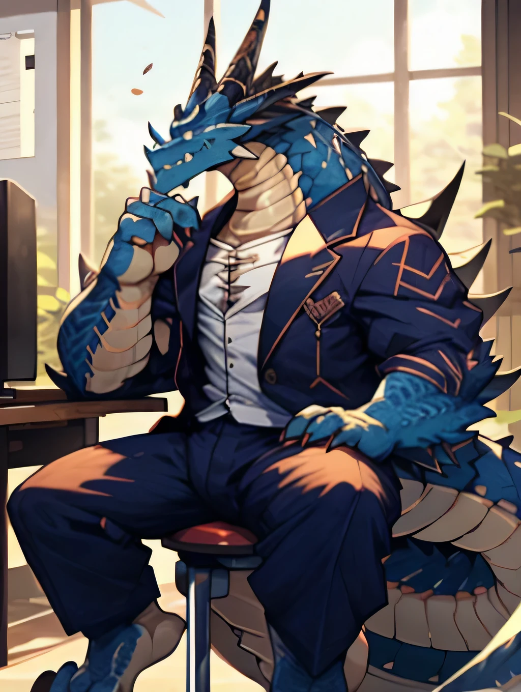 dragon，furry，Exquisite eyes，Fit body，Overbearing and rigorous personality，Sitting at the desk in the office，A paw holding a bottle，Drinking milk，Enjoying milk，Hot air blew out of the dragon&#39;s nose，Scar on cheek，Full of sexual tension，Wear a clean suit，The tail should not be too big or too small.，paw，Clear image，Ultra HD，high resolution，