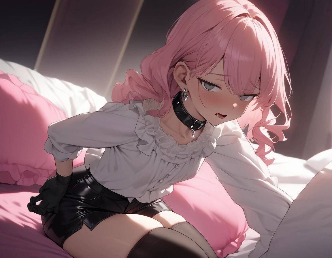 Alone, High resolution, masterpiece, Best Quality, high detail, High resolutionモデル、8k、Lightless Eyes、Perfect body、Perfect Face、delicate、Thick thighs、1 person、Alone、、five、Juvenile、Pink Hair、Wavy Hair、Black Ribbon、Low Ponytail、bangs、Teenager、cute、A man like a girl、Slanted Eyes、Small breasts、Black tights、黒のフープEarrings、gloves、Black collar、Moe Sleeve、,Grey Eyes、bedroom,The wall color is black,Mood Lighting,Dimly lit room、Dark Pink、Magenta、black and pink cushion、Black sheets、Silver Ring、tuxedo、Oversized soft blouse、Moe Sleeve、The Best of Bordeaux、Shorts、Black frills、Luxury bed、velvet、Thick Ass, Earrings、Fat face、Kneel、saliva、Browse your viewers、breathe、orgasm、erection、、No underwear、Teary-eyed