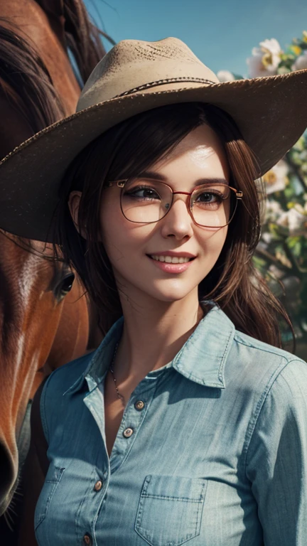 portrait, close-up, upper body. Short red hair, green eyes, glasses with metal frames, button down shirt, cowboy hat, joyful smile, cheerful girl . (masterpiece, top quality, best quality, official art, beautiful and aesthetically pleasing:1.2), extremely detailed,(fractal art:1.2),Colorful,The most detailed, (dynamic pose), (horse background:1.5), (many flowers:1.4). ((SPLIT. Skin texture, shiny skin. elegance. photorealism. unreal engine. 3D model. Ultra high quality textures. high detail. permission 8k))