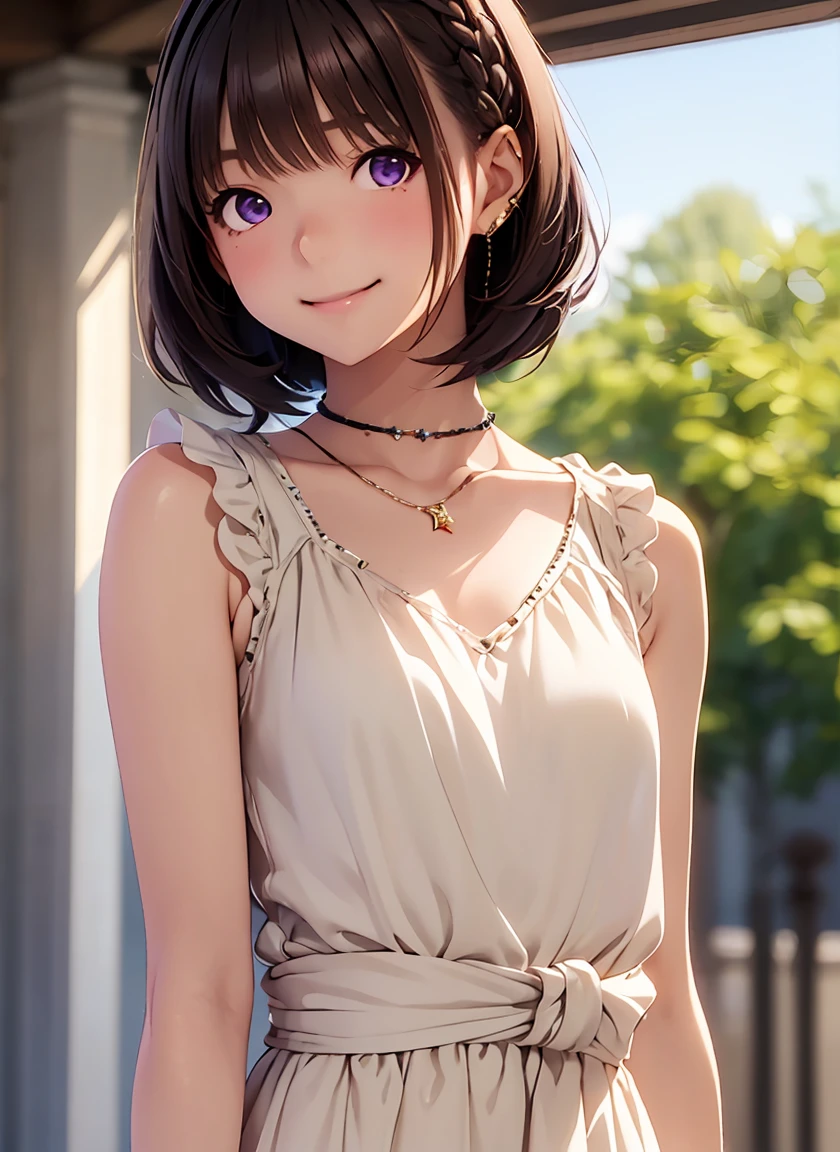 High resolution,In 8K,Best Quality,detailed,Semi-realistic anime,Anime 3D Style,Smooth anime CG,One Girl,One Japanese woman,slim,Modeled,Shiny brown hair,(((Short medium cut))),((Beautiful braiding)),(((Camille Corot))),((Raphael)),(((jewel studded dress))),detailedな顔,Beautiful and detailed,Glowing Skin,((Female college student)),straggling hair,Angelic hairstyle,(Small breasts),((Deep violet sparkling eyes)),(((Shut your mouth.))),((Smile))