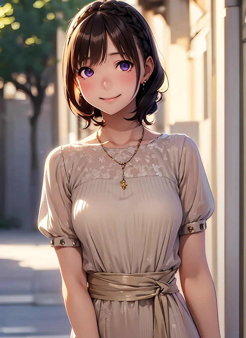 High resolution,In 8K,Best Quality,detailed,Semi-realistic anime,Anime 3D Style,Smooth anime CG,One Girl,One Japanese woman,slim,Modeled,Shiny brown hair,(((Short medium cut))),((Beautiful braiding)),(((Camille Corot))),((Raphael)),(((jewel studded dress))),detailedな顔,Beautiful and detailed,Glowing Skin,((Female college student)),straggling hair,Angelic hairstyle,(Small breasts),((Deep violet sparkling eyes)),(((Shut your mouth.))),((Smile))