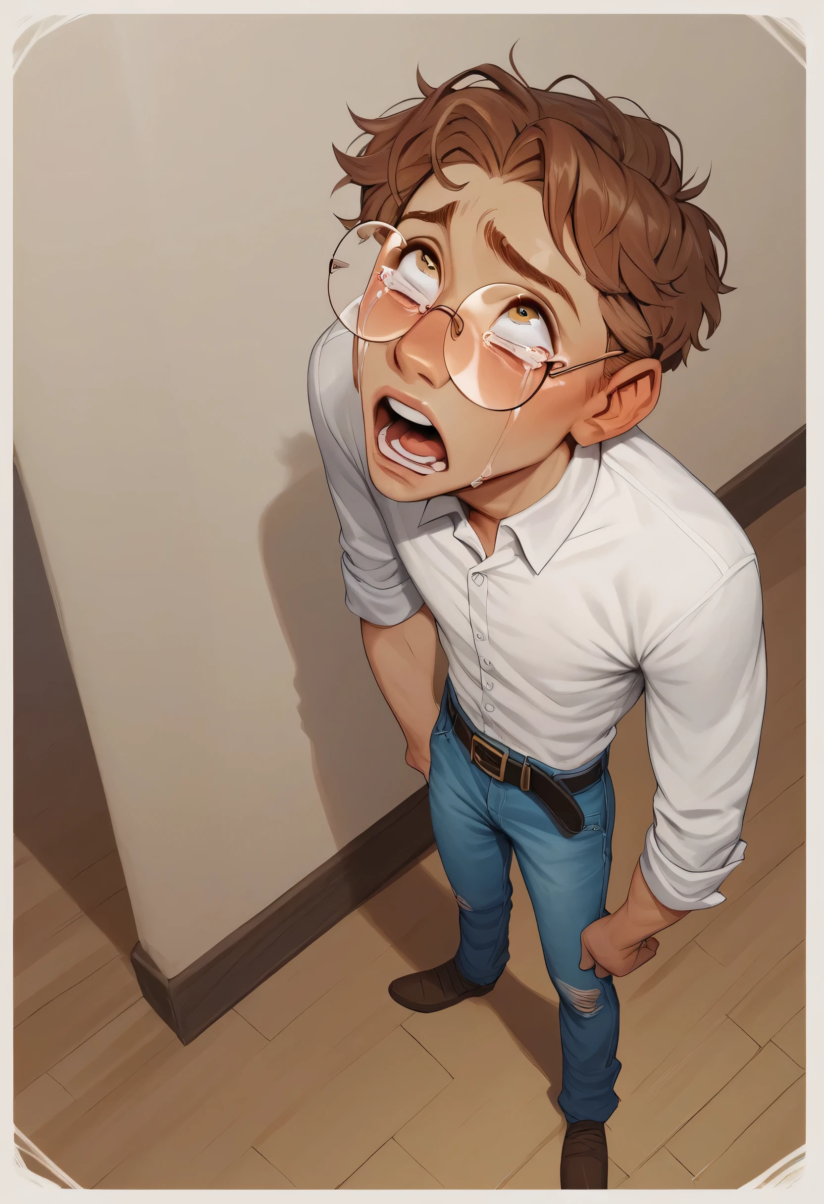  score_9, score_8_up, score_7_up, score_6_up, score_5_up, score_4_up, line art, 1 small boy, skinny and frail, short messy brown hair,  round eyeglasses, wearing white button up shirt, belt and jeans, he is looking up, high angle, he has a scared shocked expression, he is standing in a looming shadow, full body, zoomed out, he is shrunken to 1ft tall, crying