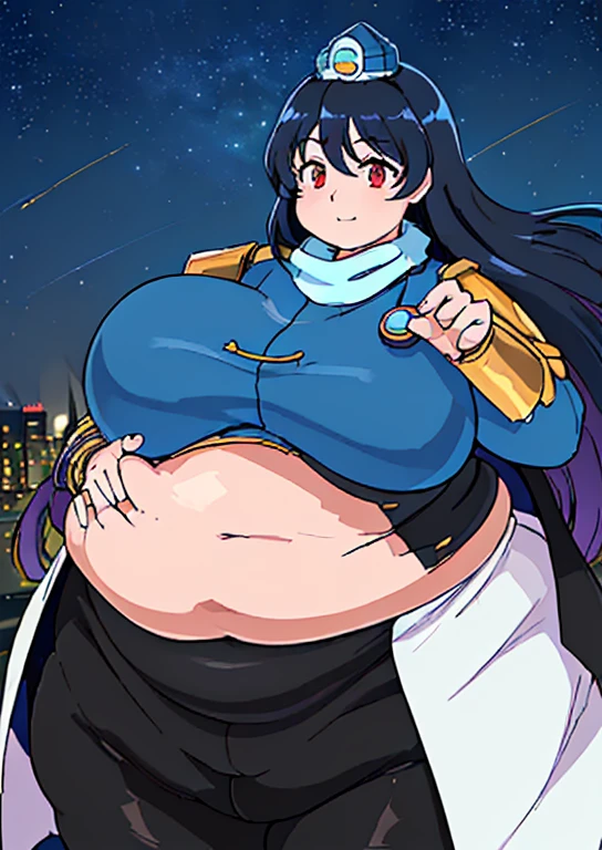 ((best quality, 4k, 8k, anime girl, masterpiece)), ((((beautiful extremely detailed face)))), ((beautiful eyes)), ((hard skin)), cinematic lighting, ((perfect anatomy)), (((chubby, SSBBW, tall, big belly, round belly, (((extremely wide waist, extremely wide breasts))), skinny arms, thick legs, huge breasts))), (full body view), ((thick outlines, anime style, neon colours)), (((megumu izunamaru))), (((fully clothed, white scarf, blue jacket, golden armor, black pants, black cape))), (((long dark blue hair, bangs, tokin hat))), sharp smile, (city lights, starry sky), (((dignified pose))),