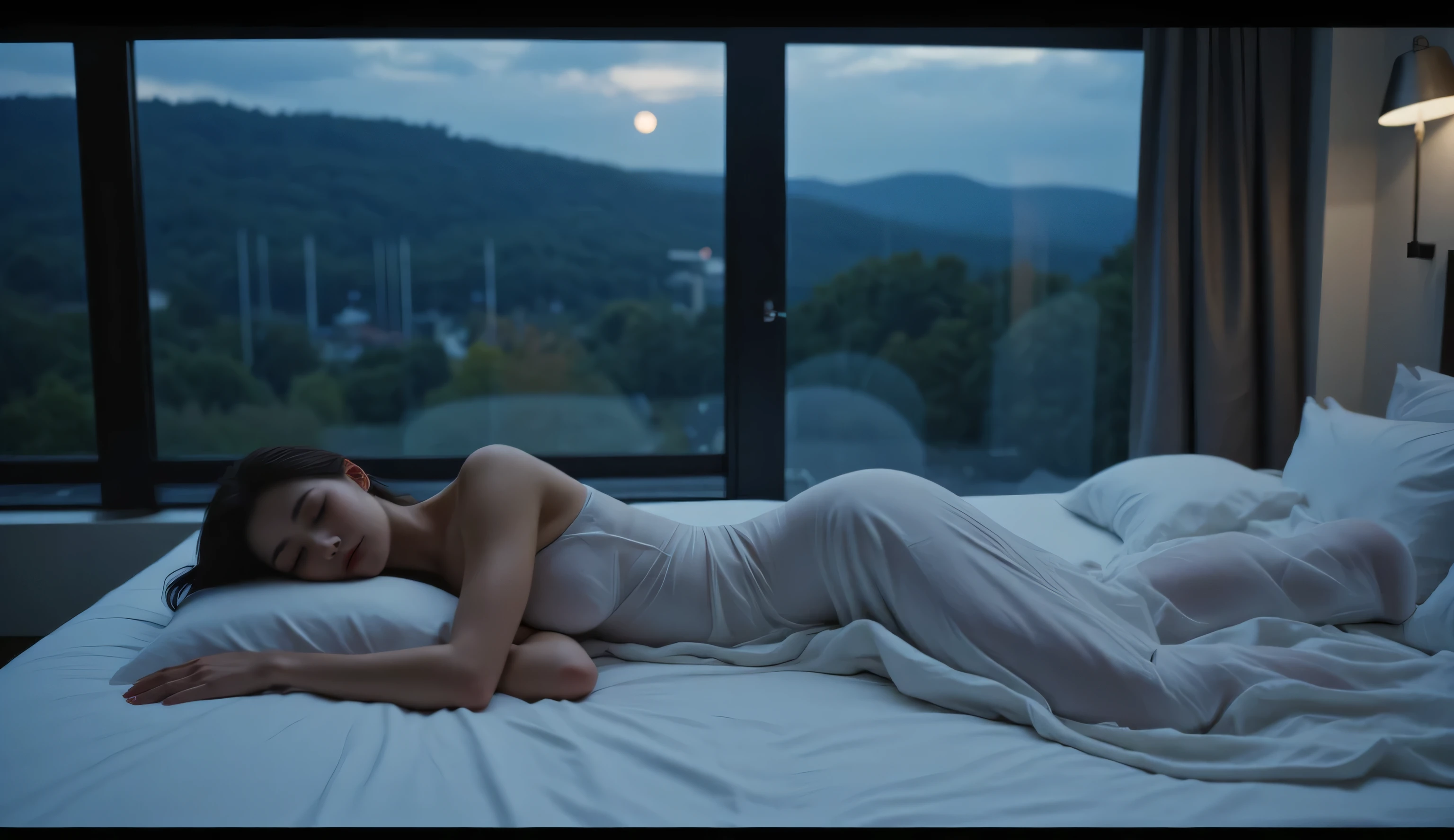 sleeping woman with closed eyes lying on the bed, dreamy atmosphere of moonlit night, dreamy night, at night with moonlight, surreal picture, quiet night, outside the big window is raining, at night, gorgeous woman, big breasts, silk dress, beautiful silk dress, translucent silk dress, soft silk dress, beautiful soft silk dress, sexy dress, white silk dress, light half-open dress, elegant dress, wearing white silk, sexy long dress, elegant white dress, night, relaxing mood, night, surrealism, cinematic light, blurred edges, wide shot, from above, panoramic, wide angle, super wide angle, multiple perspectives, wide shot, precise, high resolution, best quality, 8k
