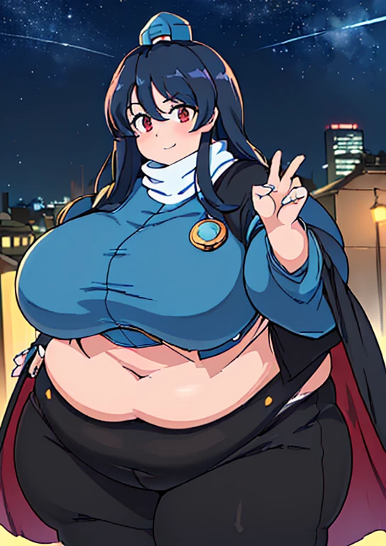 ((best quality, 4k, 8k, anime girl, masterpiece)), ((((beautiful extremely detailed face)))), ((beautiful eyes)), ((hard skin)), cinematic lighting, ((perfect anatomy)), (((chubby, SSBBW, tall, big belly, round belly, (((extremely wide waist, extremely wide breasts))), skinny arms, thick legs, huge breasts))), (full body view), ((thick outlines, anime style, neon colours)), (((megumu izunamaru))), (((fully clothed, white scarf, blue jacket, black pants, black cape))), (((long dark blue hair, bangs, tokin hat))), sharp smile, (city lights, starry sky), (((dignified pose))),