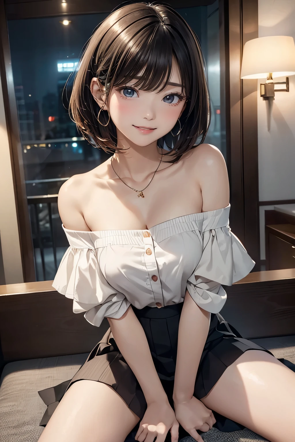 (masterpiece, best quality:1.2), 1girl, straight bob hair, (full-face blush, embarrassed), (8k, extremely detailed CG), (Bend your knees and spread your legs wide:1.3), Cinema Lighting,  (strap slip off shoulder, skirt), necklace, hoop earrings, looking up, Hotel, 