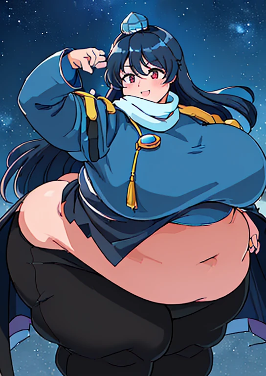 ((best quality, 4k, 8k, anime girl, masterpiece)), ((((beautiful extremely detailed face)))), ((beautiful eyes)), ((hard skin)), cinematic lighting, ((perfect anatomy)), (((chubby, SSBBW, tall, big belly, round belly, (((extremely wide waist, extremely wide breasts))), skinny arms, thick legs, huge breasts))), (full body view), ((thick outlines, anime style, neon colours)), (((megumu izunamaru))), (((fully clothed, white scarf, blue jacket, black pants, black cape))), (((long dark blue hair, bangs, tokin hat))), sharp smile, (city lights, starry sky), (((dignified pose))),