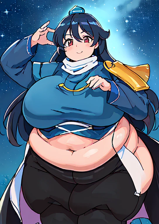 ((best quality, 4k, 8k, anime girl, masterpiece)), ((((beautiful extremely detailed face)))), ((beautiful eyes)), ((hard skin)), cinematic lighting, ((perfect anatomy)), (((chubby, SSBBW, tall, big belly, round belly, (((extremely wide waist, extremely wide breasts))), skinny arms, thick legs, huge breasts))), (full body view), ((thick outlines, anime style, neon colours)), (((megumu izunamaru))), (((fully clothed, white scarf, blue jacket, black pants, black cape))), (((long dark blue hair, bangs, tokin hat))), sharp smile, (city lights, starry sky), (((dignified pose))),