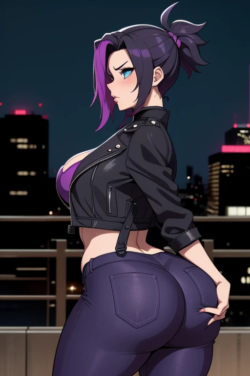 20 year old woman, busty, bubble butt, huge ass, round ass, hourglass figure, skinny, blushing, scared expression, horny, seductive, black hair, short hair, spiky hair, purple streaked hair, messy hair, wearing wearing tight white crop top, black jeans, purple cropped jacket, choker, high heels, tight fitting clothing, cleavage, middrift, anime, city at night, outside, punk, punk style, punk hair, doujin style, manga, flat colours, 2d manga, cowboy shot, purple colour scheme, indigo colour, action pose, heavy makeup, kissable lips, breasts squeezed between arms, 2d art, anime, purple jacket, ass focus