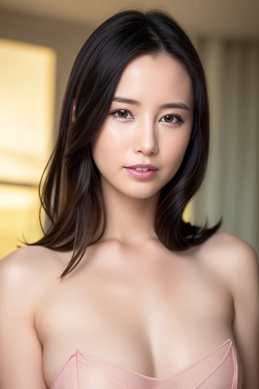 1 Female announcer、(RAW Photos, Best Quality), (Realistic, photo-Realistic:1.4), masterpiece, Very delicate and beautiful, Very detailed, 2k wallpaper, wonderful, In detail, Very detailed CG unity 8k wallpaper, Super detailed, High resolution, Soft light, Beautiful detailed girl, Very detailed eyes and face, Beautifully detailed nose, Beautiful detailed eyes,Cinematic Lighting,,Slender body,smile 、Plump, glossy pink lips、My cheeks turned red、necklace、Earrings、Beautifully detailed eyes、Very beautiful skin、Small, neat breasts、Cute pink areola、Primpus, ((See-through nightgown、Completely naked、I can see your nipples)), bedroom、Pink Wall、((Please lie down on the bed、Raise your hands above your head)), dynamic lighting、Erotic