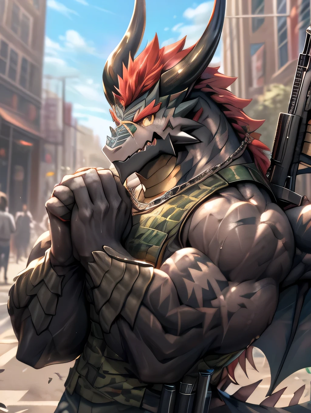 (dragon), Two colors, Scars on the face, Wearing sunglasses,Necklace hanging around the neck,(muscular body:1.3), Scars on the face, Handsome, OK,(Scars on the face), On the Street,(Express),(City background),(Scars on the face:1.2),Look at the screen,(dragon horn),(dragon tail),Perfect masterpiece,(16k),Casual Wear,Solitary,((Strong)),,(Fingers crossed),(dick:1.2),Perfect proportions,forward,Fingers crossed,sweat,(Fingers crossed:1.5),(handheld:1.3),(Fierce expression:1.2),(Imagine:1.5),(with rifle in hands:1.8),Strong,muscle,with dragon wings,more details,CG,(dragon), trunk,((handheld)), (Bulletproof vest)),Serious expression