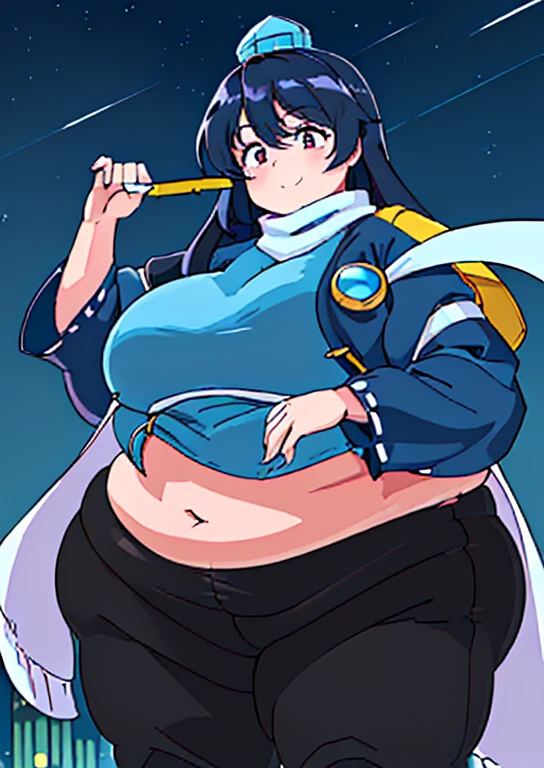 ((best quality, 4k, 8k, anime girl, masterpiece)), ((((beautiful extremely detailed face)))), ((beautiful eyes)), ((hard skin)), cinematic lighting, ((perfect anatomy)), (((chubby, SSBBW, tall, small face, big belly, (round belly), (((extremely wide waist, extremely wide breasts))), skinny arms, thick legs, huge breasts))), (full body view), ((thick outlines, anime style, neon colours)), (((megumu izunamaru))), (((fully clothed, white scarf, blue jacket, black pants, black cape))), (((long dark blue hair, bangs, tokin hat))), sharp smile, (city lights, starry sky), (((dignified pose))),