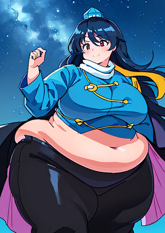 ((best quality, 4k, 8k, anime girl, masterpiece)), ((((beautiful extremely detailed face)))), ((beautiful eyes)), ((hard skin)), cinematic lighting, ((perfect anatomy)), (((chubby, SSBBW, tall, small face, big belly, (round belly), (((extremely wide waist, extremely wide breasts))), skinny arms, thick legs, huge breasts))), (full body view), ((thick outlines, anime style, neon colours)), (((megumu izunamaru))), (((fully clothed, white scarf, blue jacket, black pants, black cape))), (((long dark blue hair, bangs, tokin hat))), sharp smile, (city lights, starry sky), (((dignified pose))),